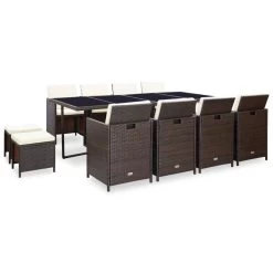 13 Piece Outdoor Dining Set With Cushions Poly Rattan Brown VidaXL