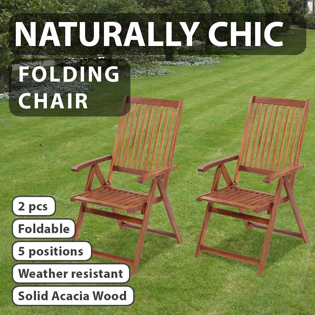 Folding Garden Chairs 2 Pcs Solid Acacia Wood Brown VidaXL - Image 2