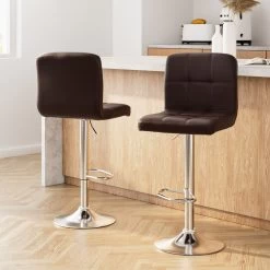 Artiss 2x Bar Stools Kitchen Chairs Swivel Leather Gas Lift Brown