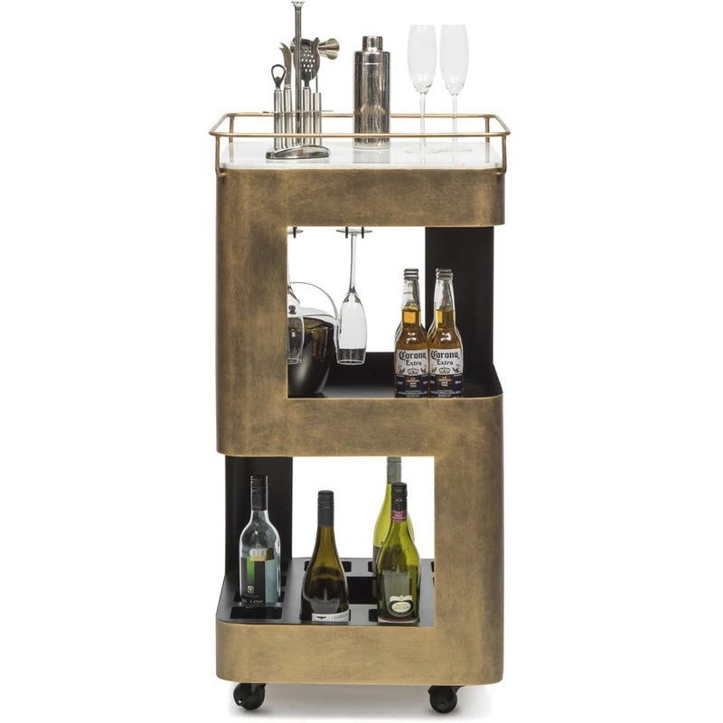 3 Tier French Brass & Marble Top Bar Trolley Cart - Image 2