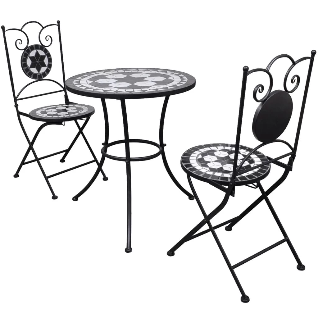 3 Piece Bistro Set Ceramic Tile Black And White VidaXL