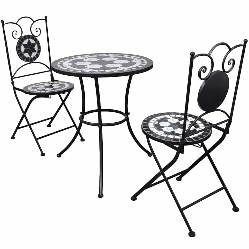 3 Piece Bistro Set Ceramic Tile Black And White VidaXL - Image 2