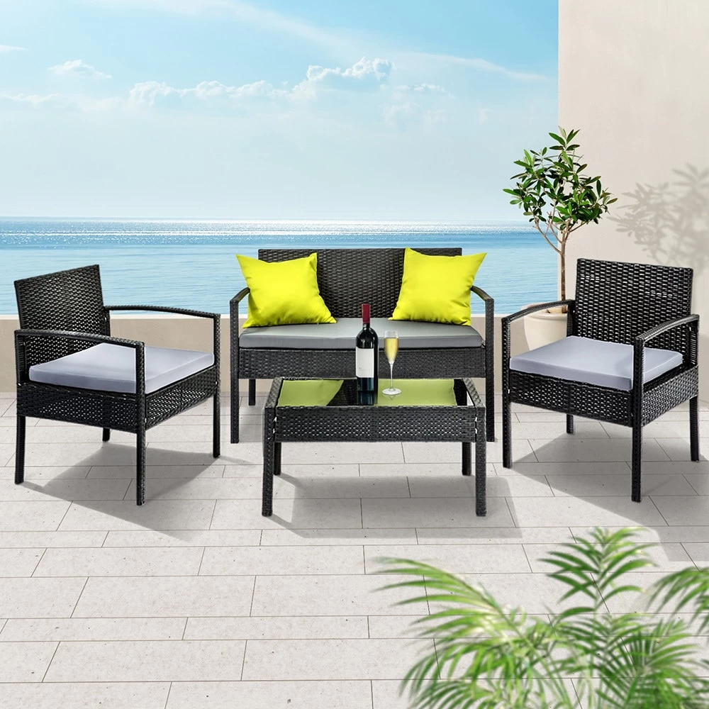Gardeon 4 Seater Sofa Set Outdoor Furniture Lounge Setting Wicker Chairs Table Rattan Lounger Bistro Patio Garden Cushions Black