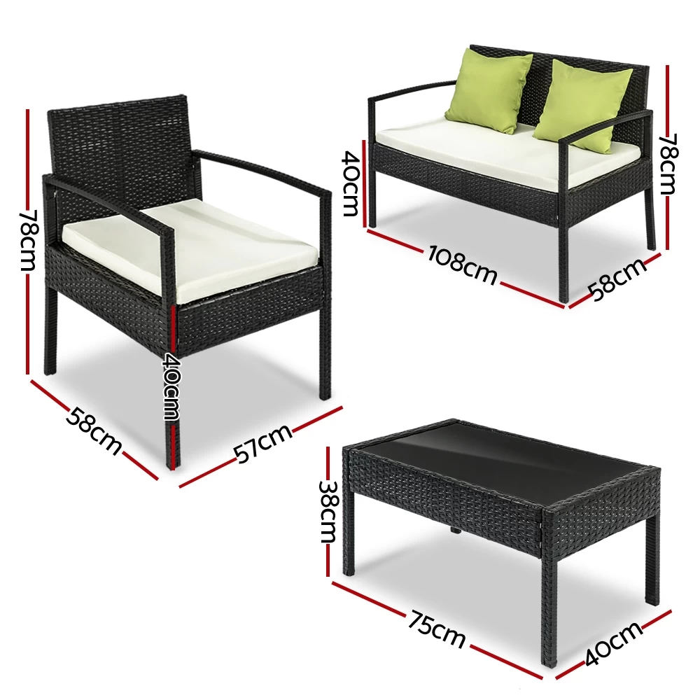 Gardeon 4 Seater Sofa Set Outdoor Furniture Lounge Setting Wicker Chairs Table Rattan Lounger Bistro Patio Garden Cushions Black - Image 3