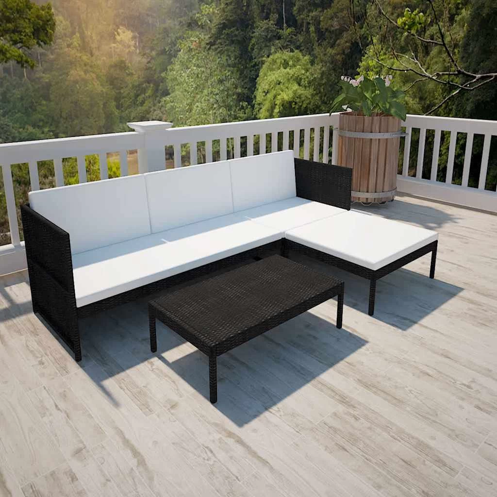 3 Piece Garden Lounge Set With Cushions Poly Rattan Black VidaXL - Image 2
