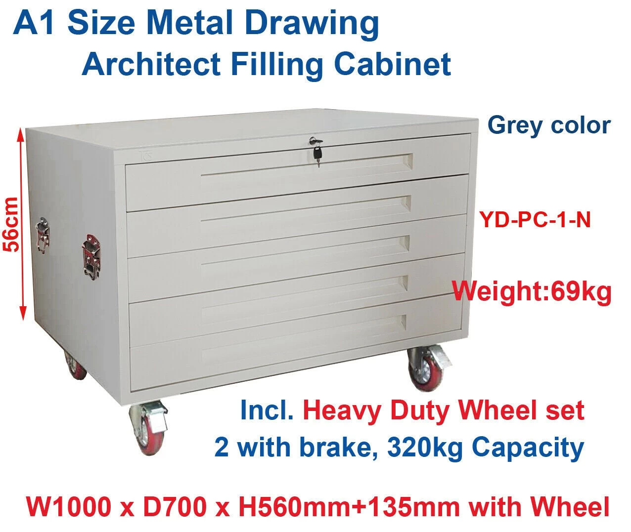 TCS A1 Horizontal 5 Drawer Cabinet With Wheels - Image 2