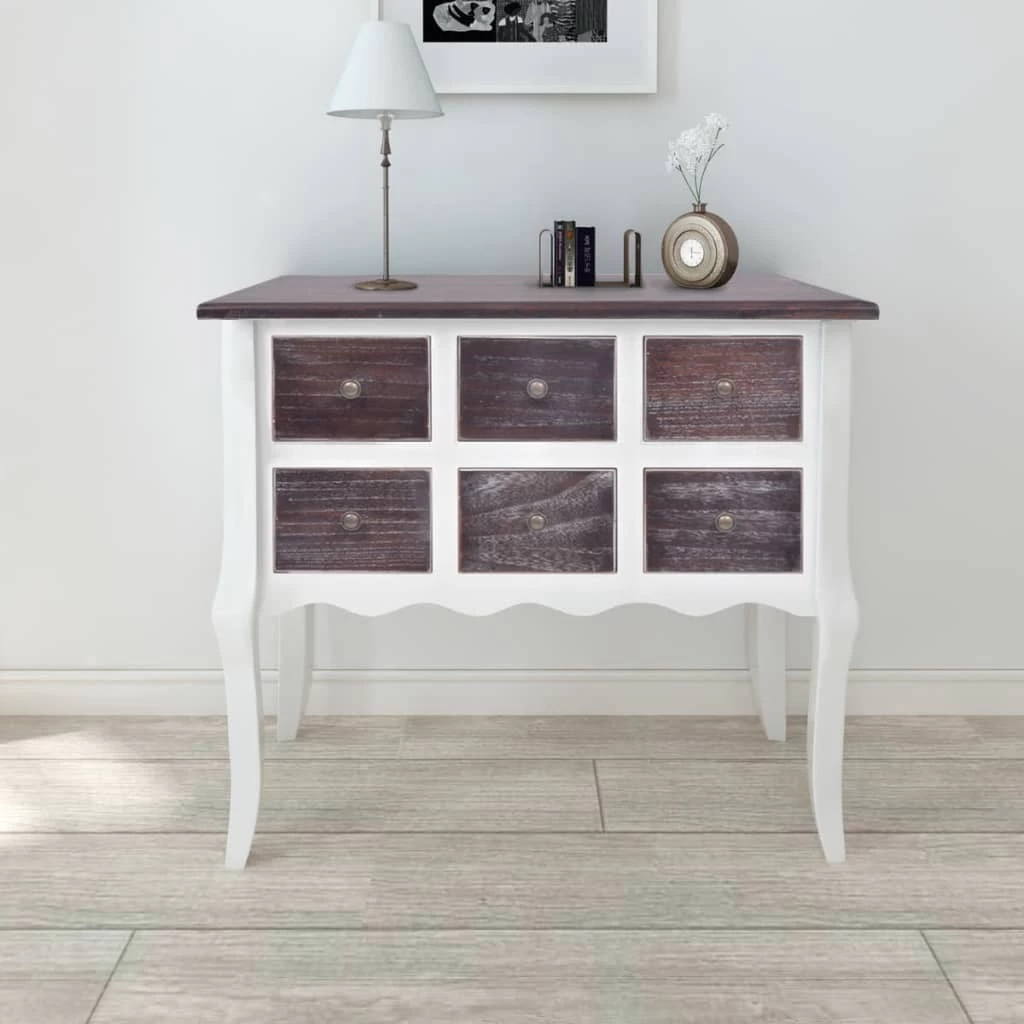 Console Cabinet 6 Drawers Brown And White Wood VidaXL