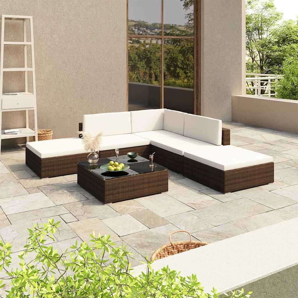 6 Piece Garden Lounge Set With Cushions Poly Rattan Brown VidaXL - Image 2