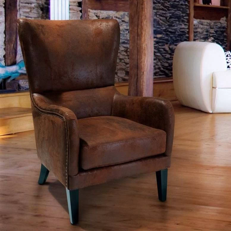 Vintage Microfibre High Back Armchair In Brown