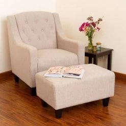 Vintage Fabric Club Armchair & Ottoman In Biege