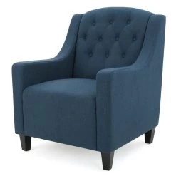 Canberra Linen Fabric Tufted Armchair In Dark Blue