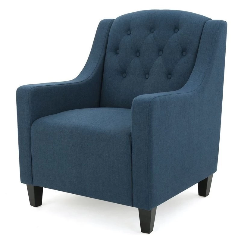 Canberra Linen Fabric Tufted Armchair In Dark Blue