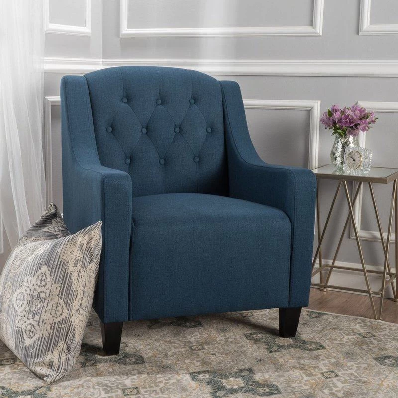 Canberra Linen Fabric Tufted Armchair In Dark Blue - Image 2