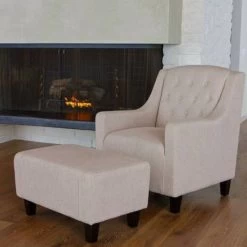 Vintage Fabric Armchair & Ottoman In Natural Linen