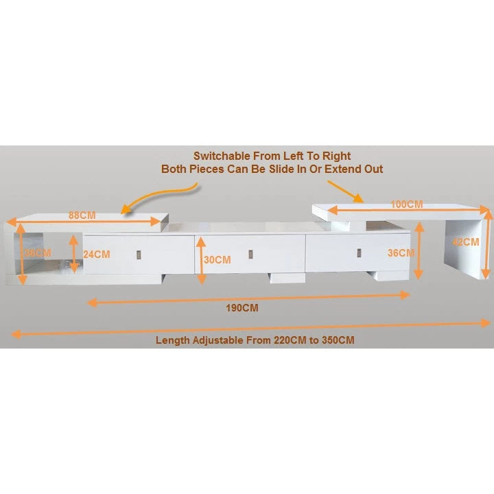 Extendable Oak TV Cabinet With 3 Drawers In White - Image 3