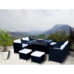 Miller 8 Seat PE Wicker Outdoor Dining Set In Black