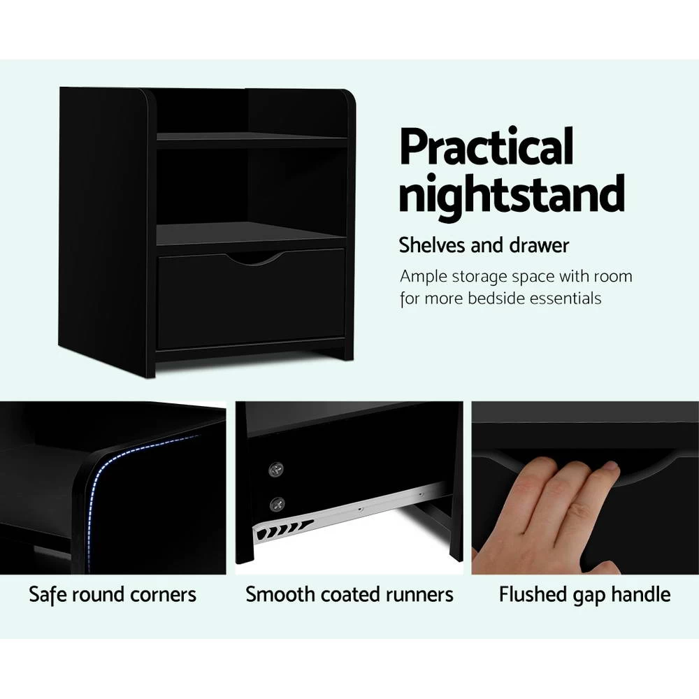 Artiss Bedside Tables Drawers With Shelf Side Table Nightstand Black - Image 6