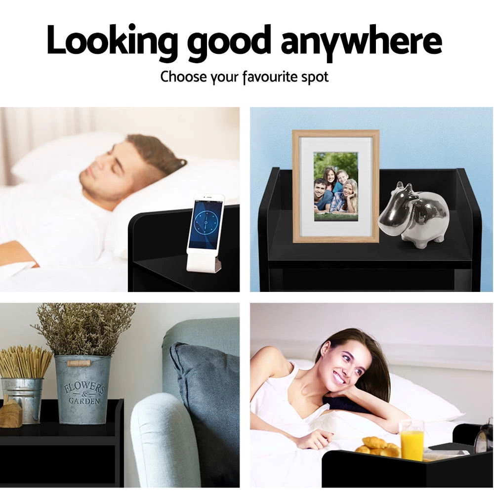 Artiss Bedside Tables Drawers With Shelf Side Table Nightstand Black - Image 7