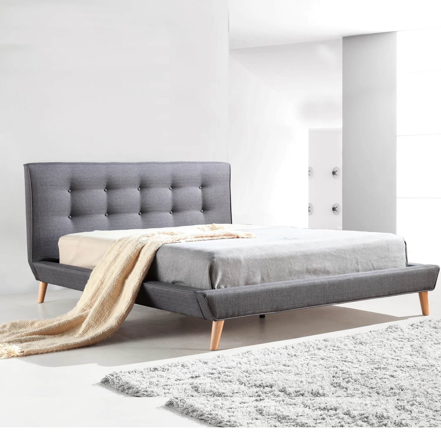 Queen Linen Fabric Deluxe Bed Frame Grey - Image 2