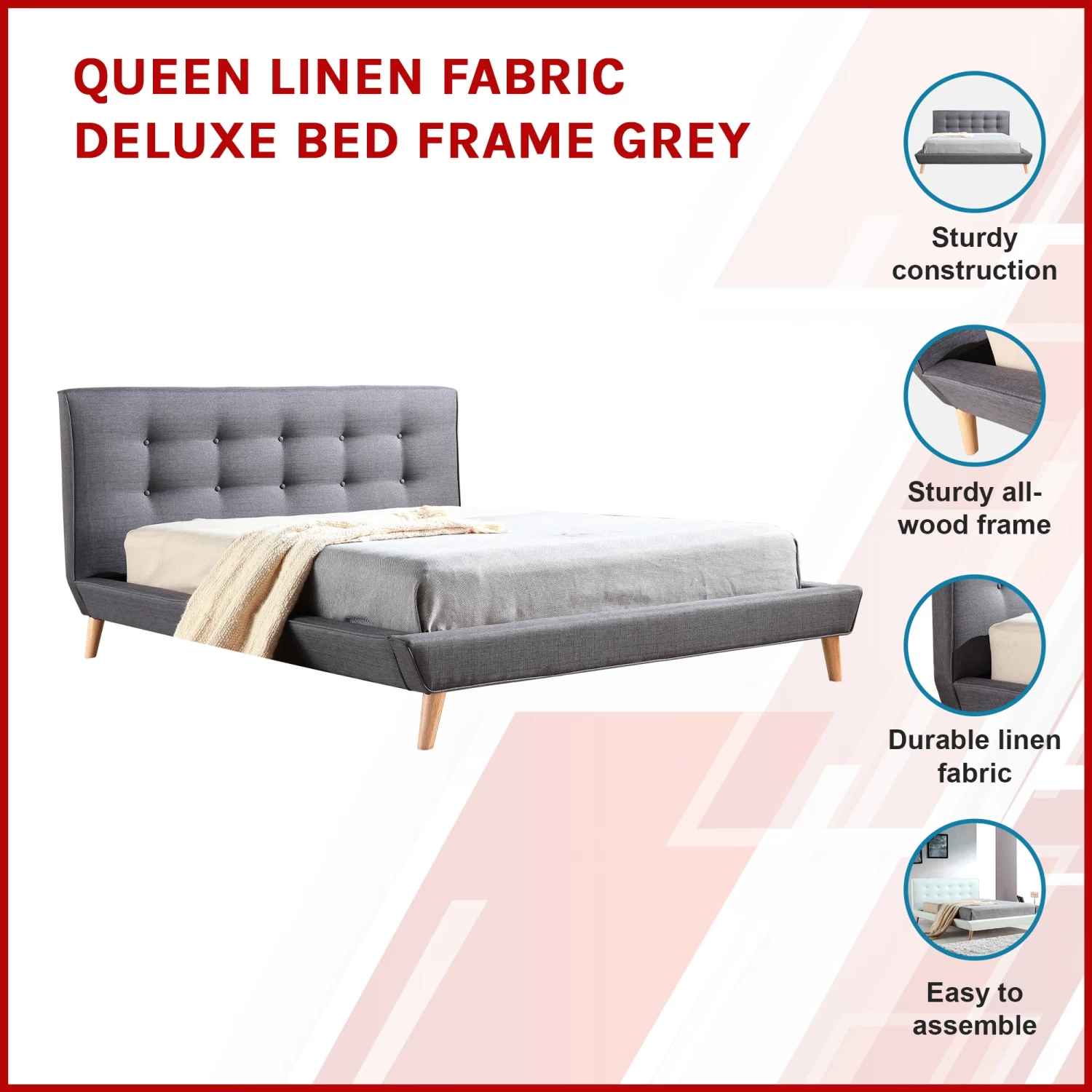 Queen Linen Fabric Deluxe Bed Frame Grey - Image 3