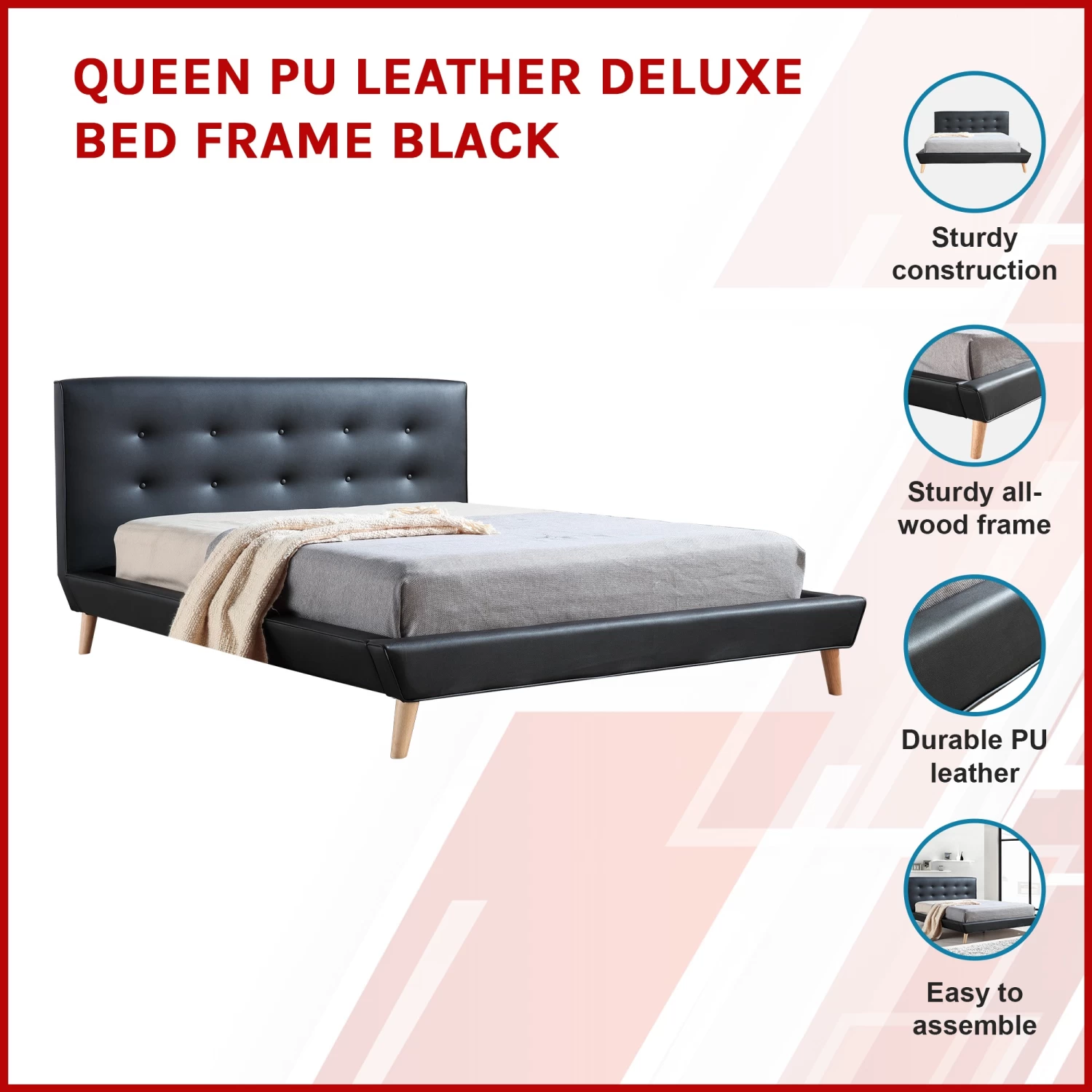Queen PU Leather Deluxe Bed Frame Black - Image 3