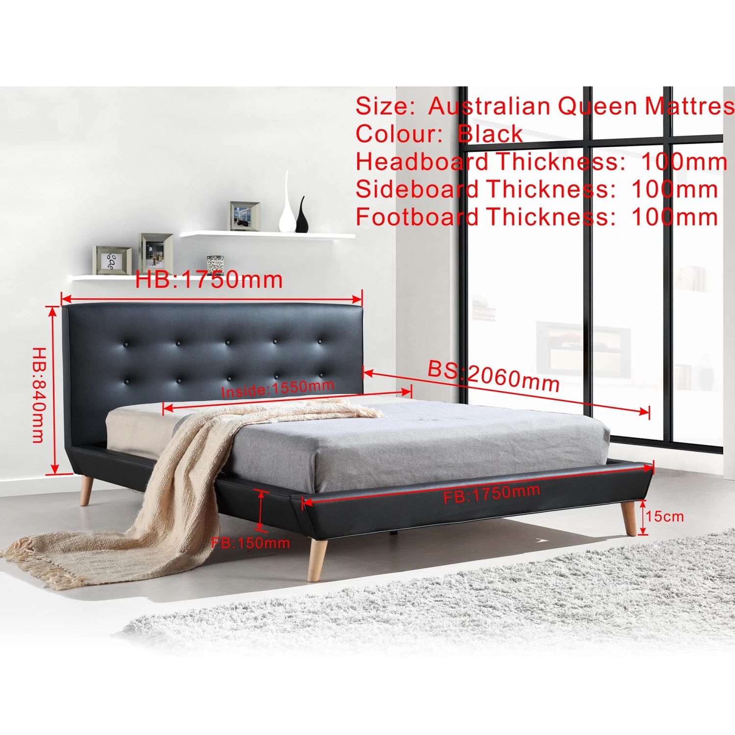 Queen PU Leather Deluxe Bed Frame Black - Image 8