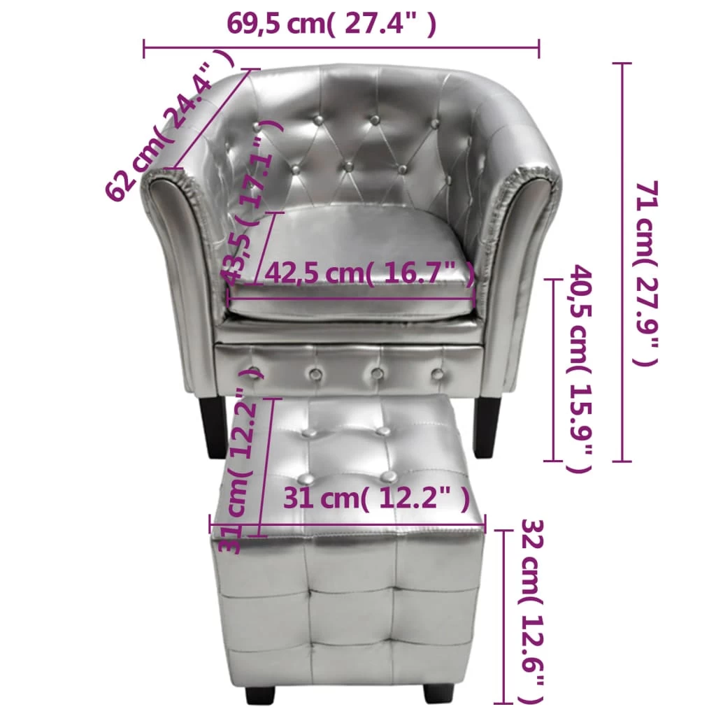Tub Chair With Footstool Silver Faux LeathervidaXL - Image 5