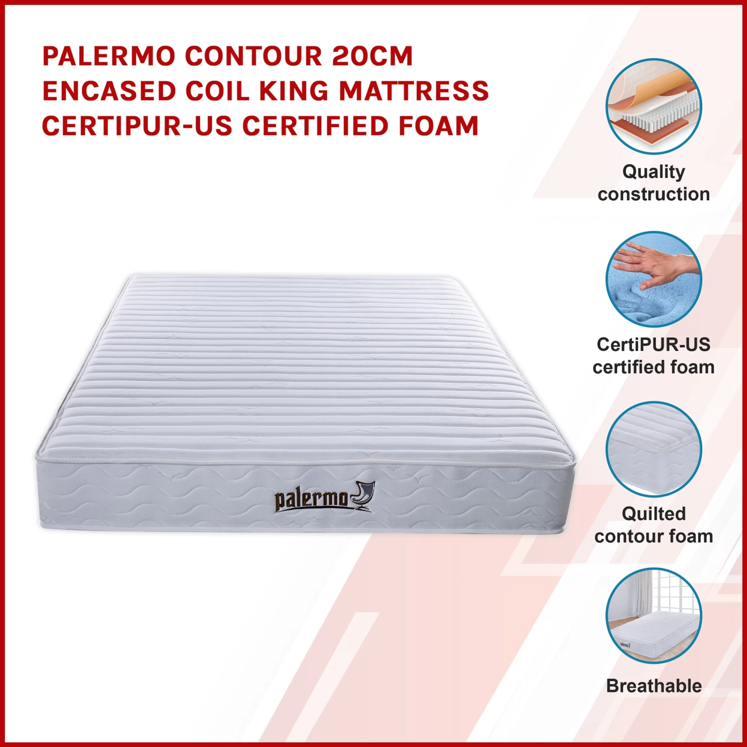 Palermo Contour 20cm Encased Coil King Mattress CertiPUR-US Certified Foam - Image 3