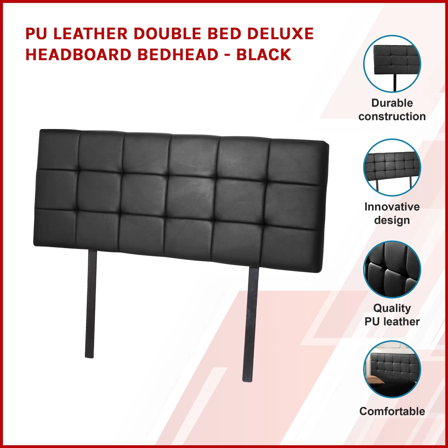 PU Leather Double Bed Deluxe Headboard Bedhead - Black - Image 3