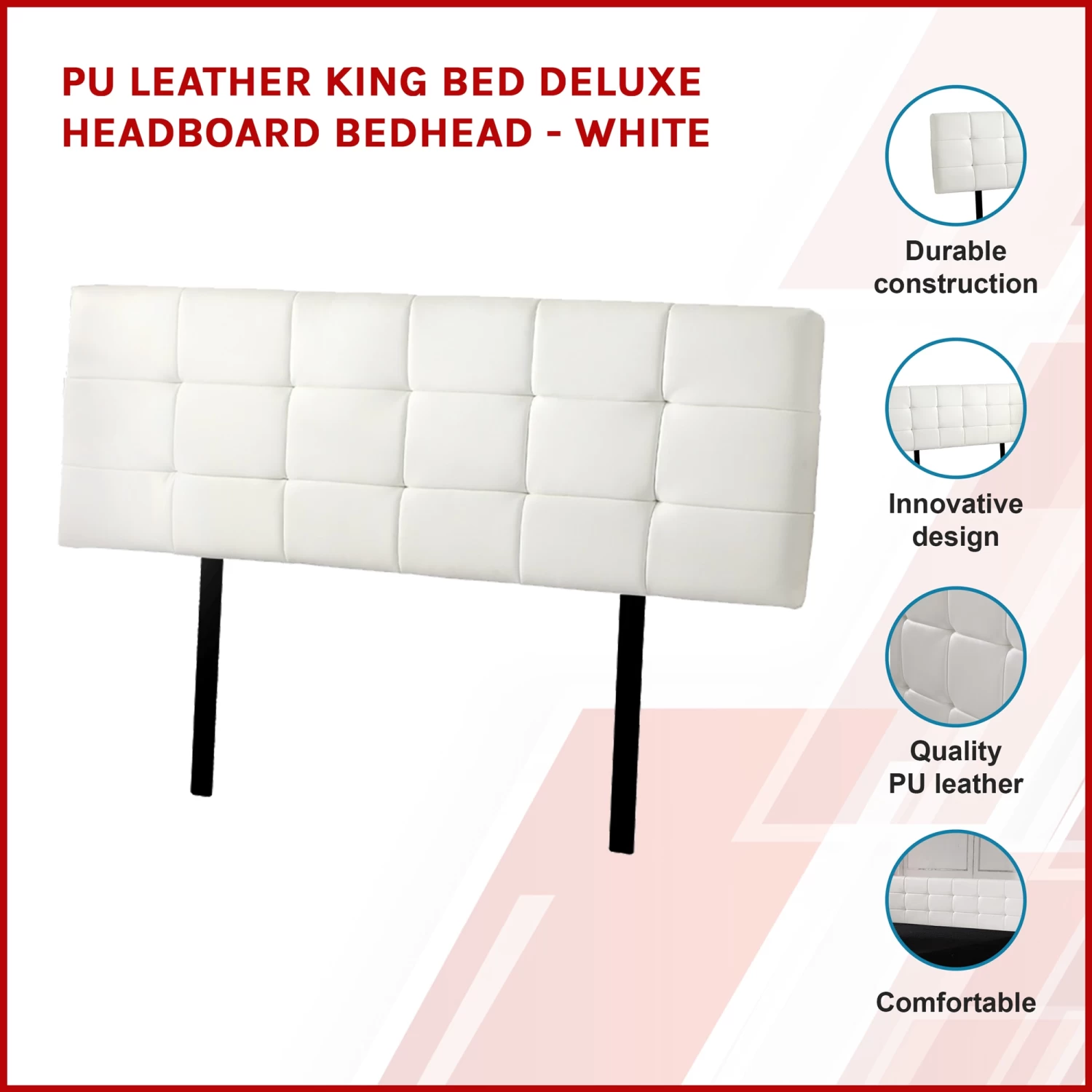 PU Leather King Bed Deluxe Headboard Bedhead - White - Image 2