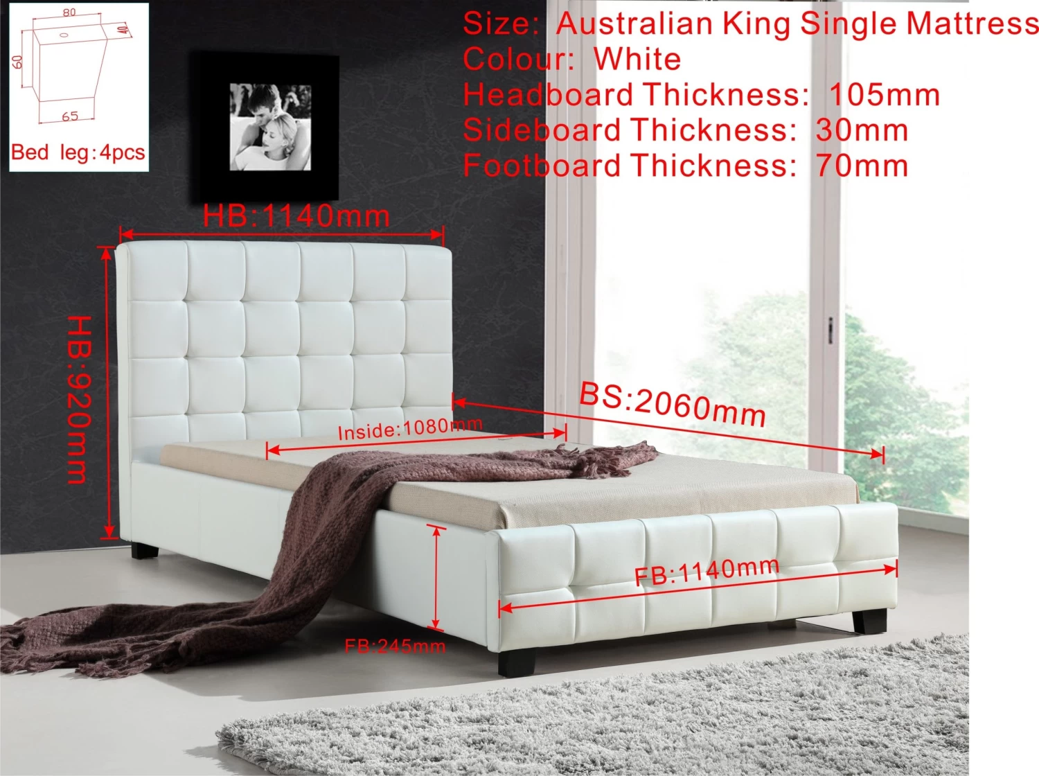 King Single PU Leather Deluxe Bed Frame White - Image 5