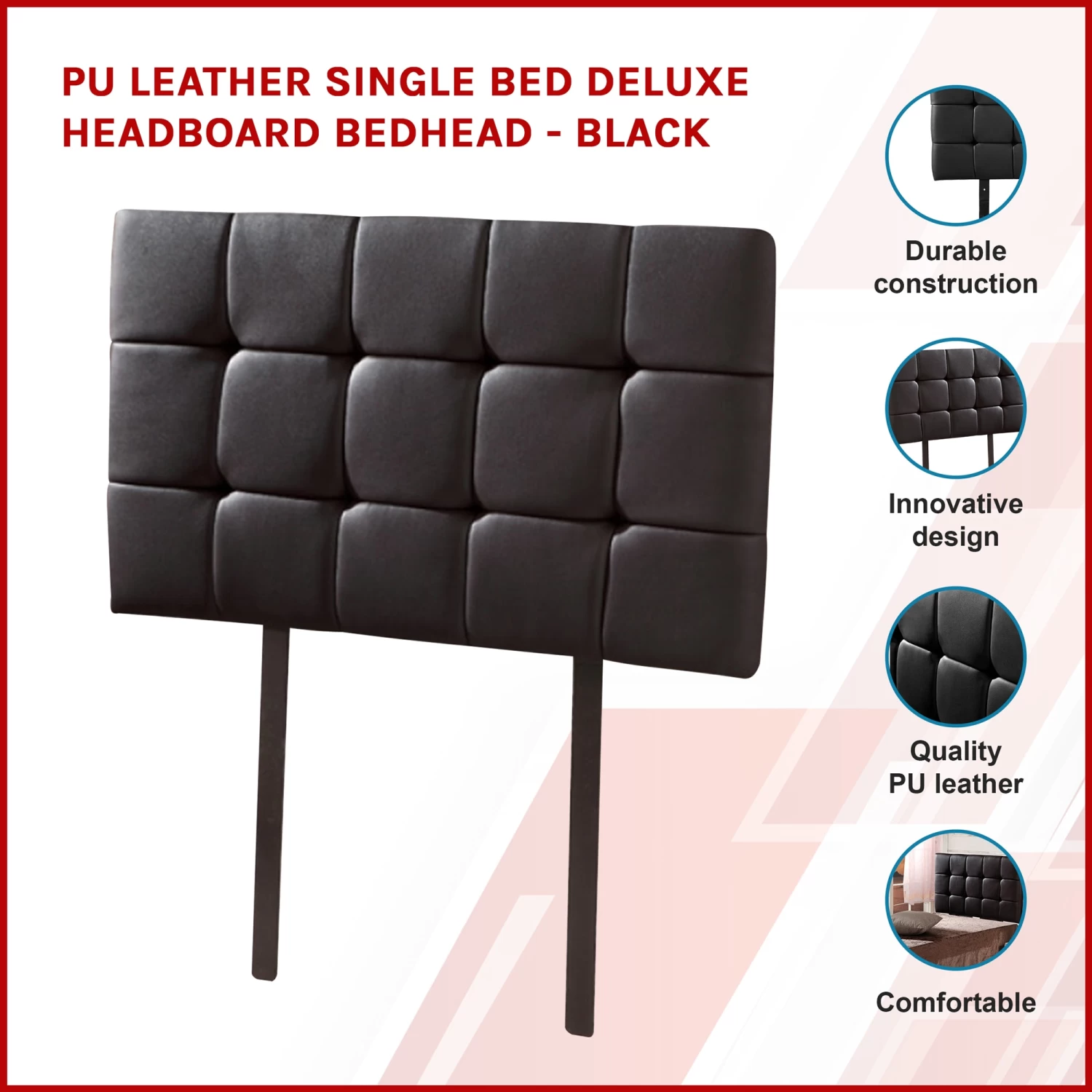 PU Leather Single Bed Deluxe Headboard Bedhead - Black - Image 3