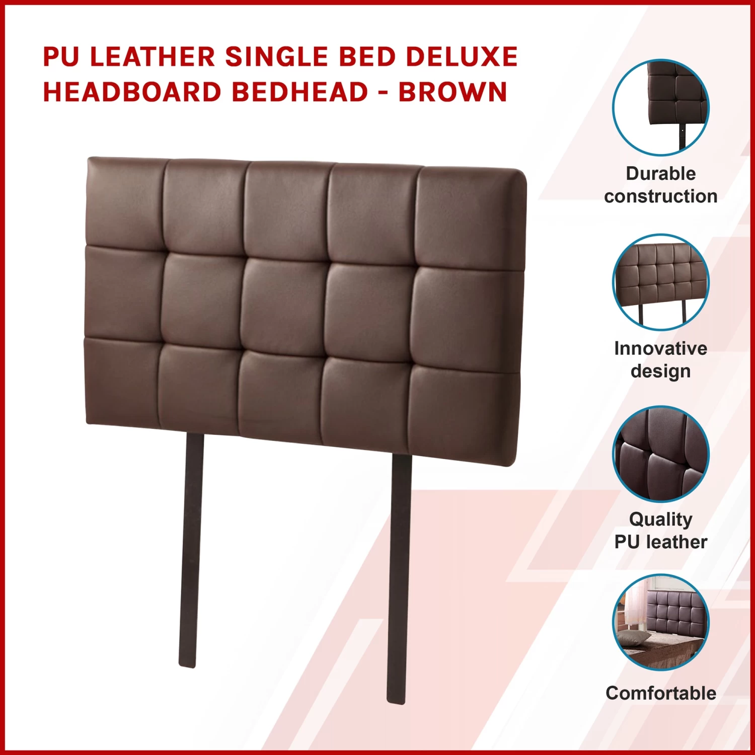 PU Leather Single Bed Deluxe Headboard Bedhead - Brown - Image 3