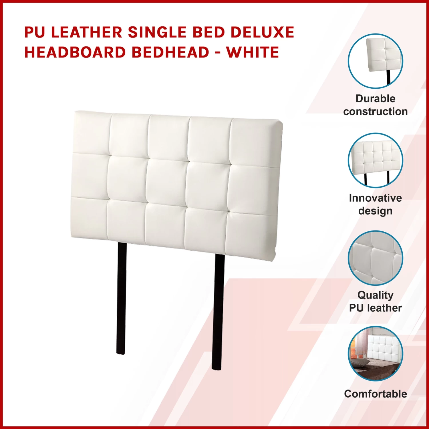 PU Leather Single Bed Deluxe Headboard Bedhead - White - Image 3