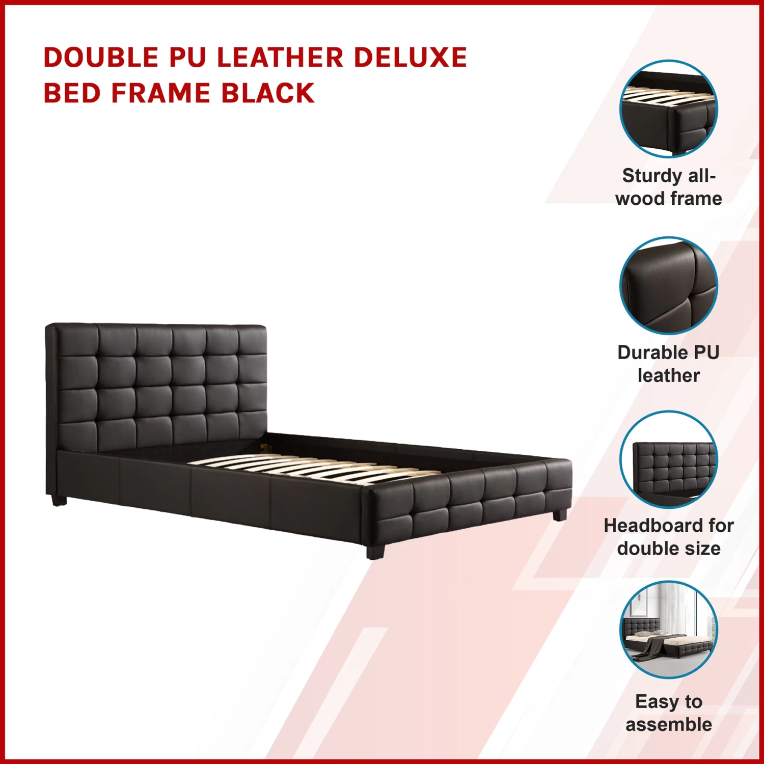 Double PU Leather Deluxe Bed Frame Black - Image 3