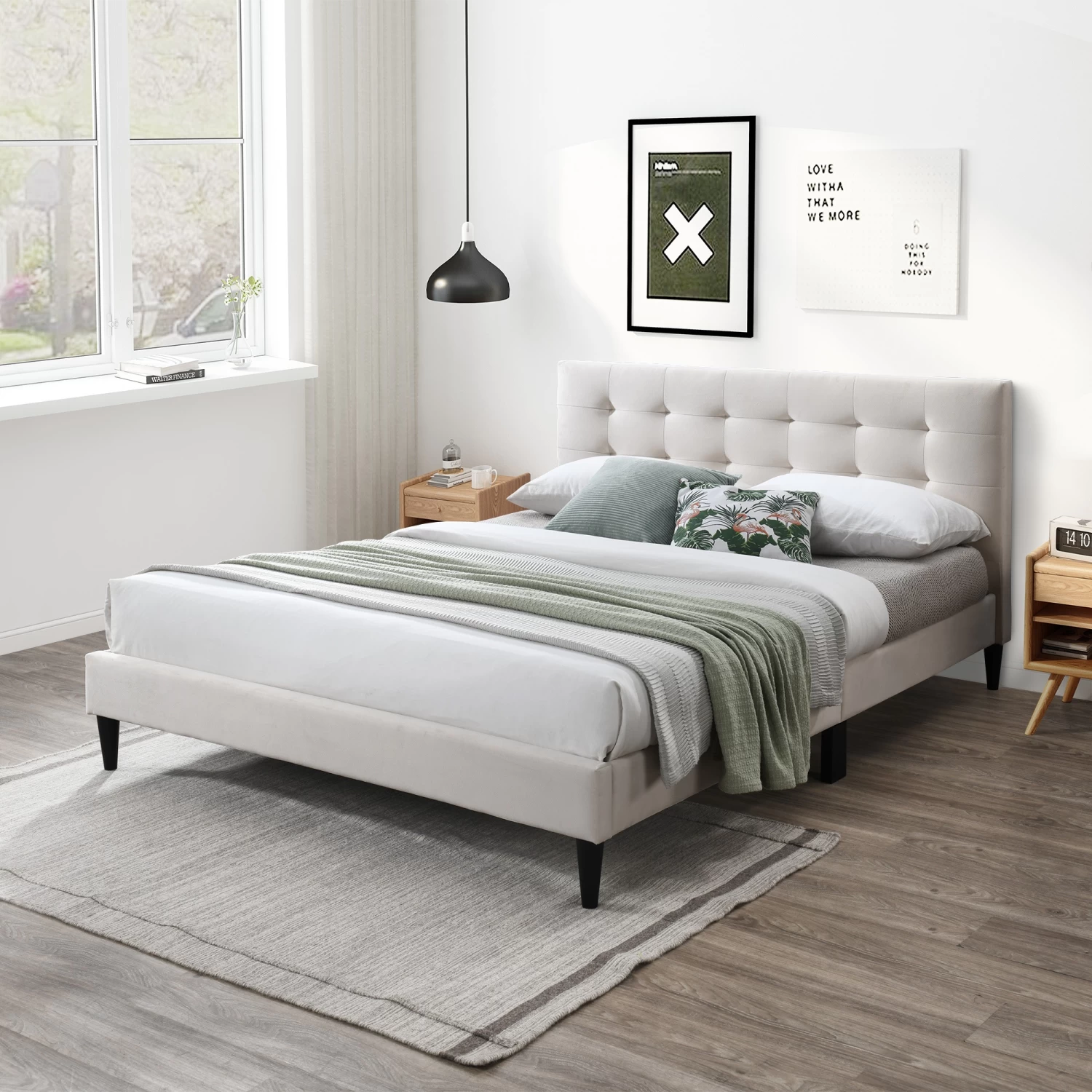 DukeLiving Megan Tufted Upholstered Bed Frame Beige (Double, Queen) - Image 2