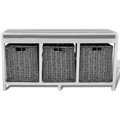 White Storage & Entryway Bench With Cushion Top 3 Basket VidaXL