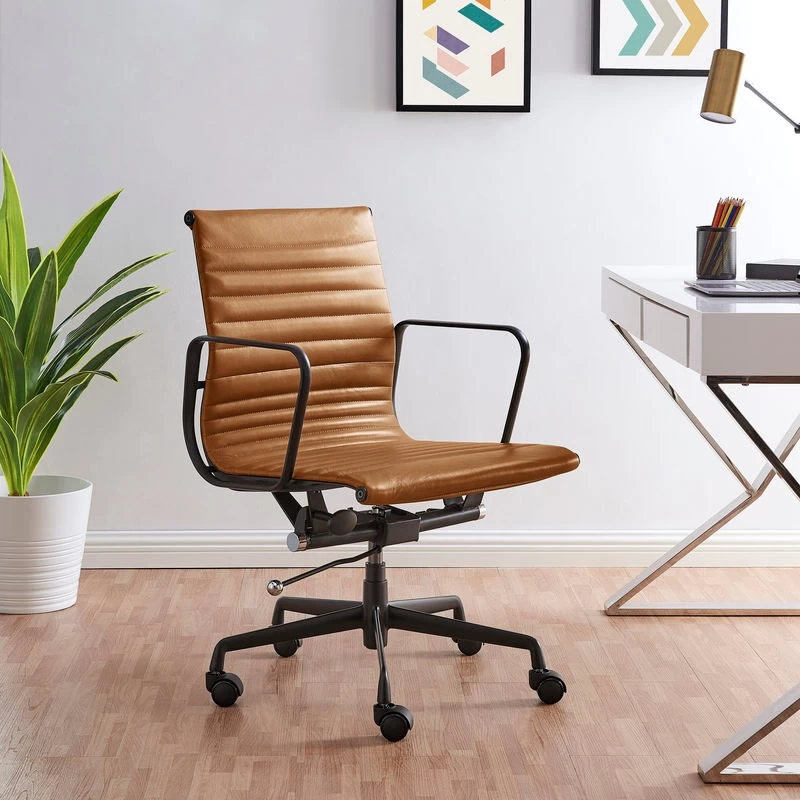 ErgoDuke Deluxe Eames Replica Low Back Ribbed Faux Leather Management Office Chair (Tan) - Image 2