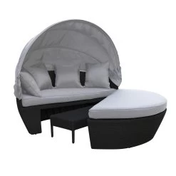 Erith Wicker Outdoor Furniture Day Bed W/ Canopy Cream/Black