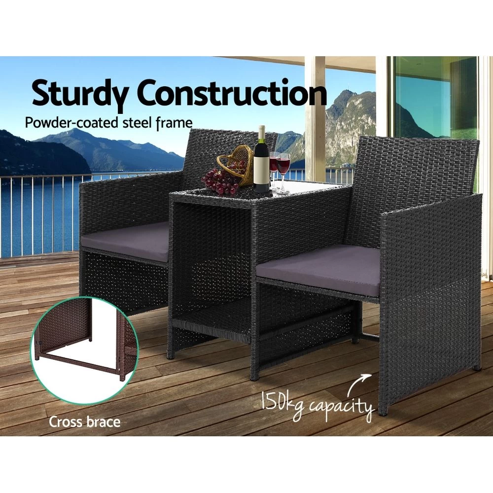 Gardeon Outdoor Setting Wicker Loveseat Birstro Set Patio Garden Furniture Black Gardeon - Image 5