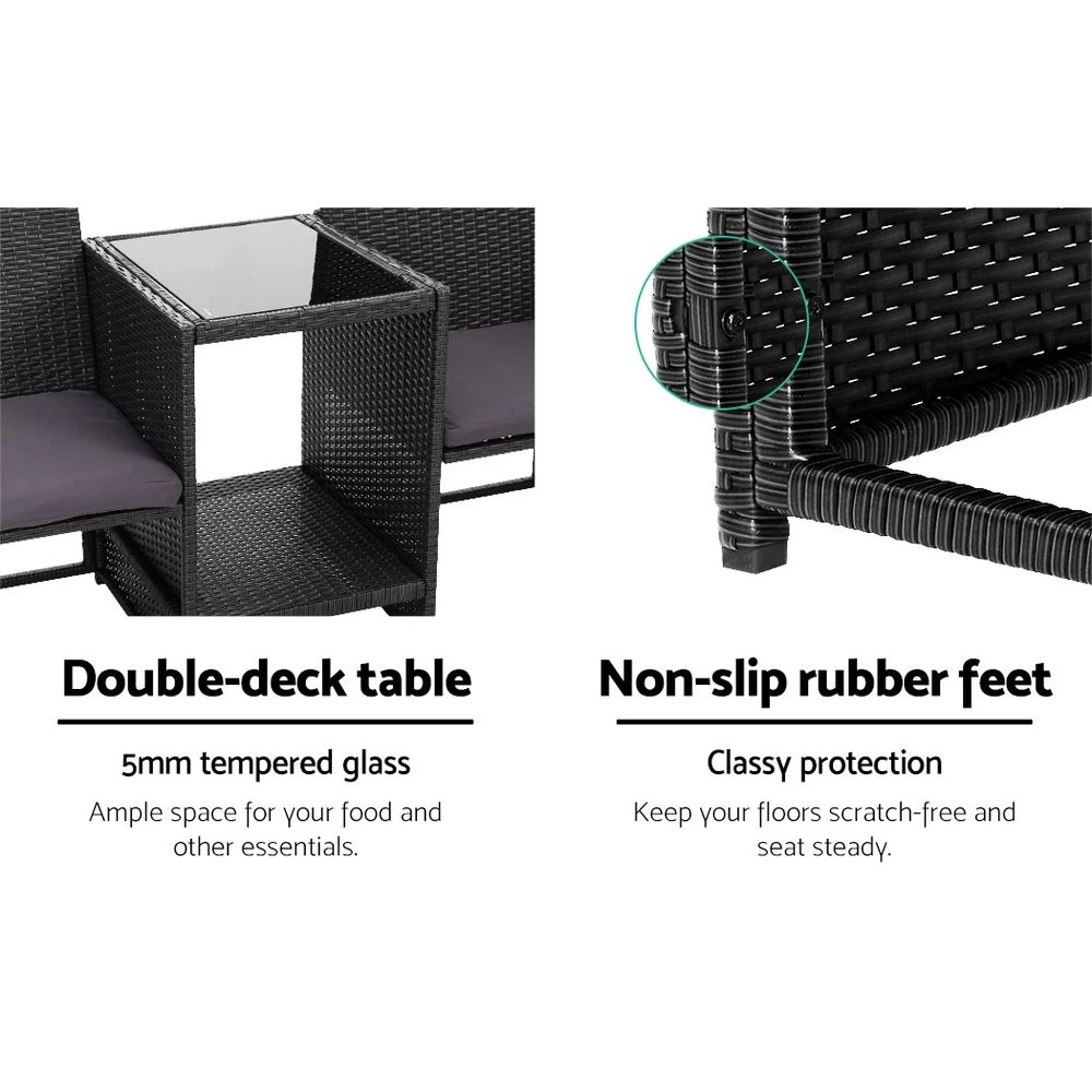 Gardeon Outdoor Setting Wicker Loveseat Birstro Set Patio Garden Furniture Black Gardeon - Image 7