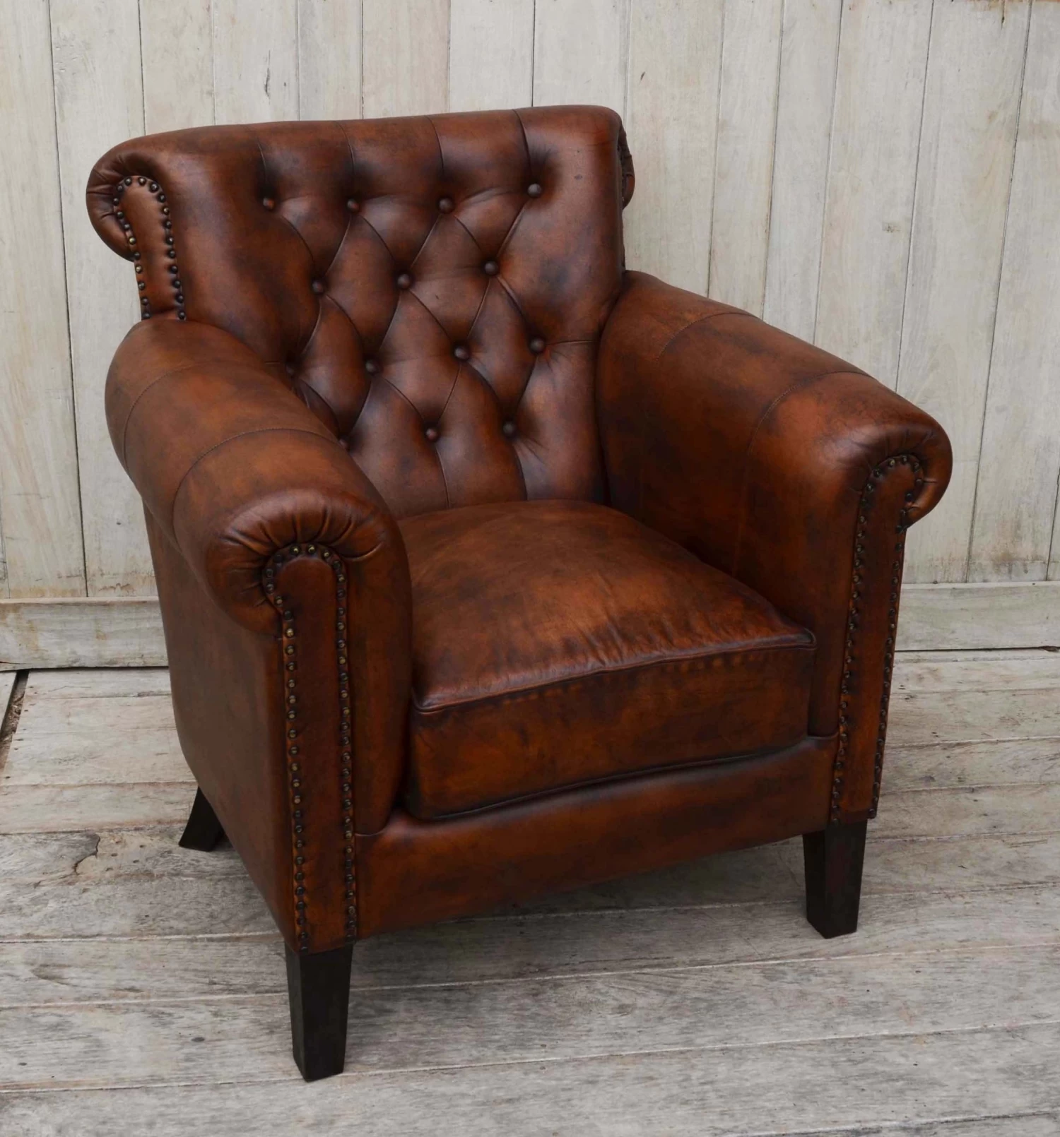 Studded Brown Leather Armchair - Image 9