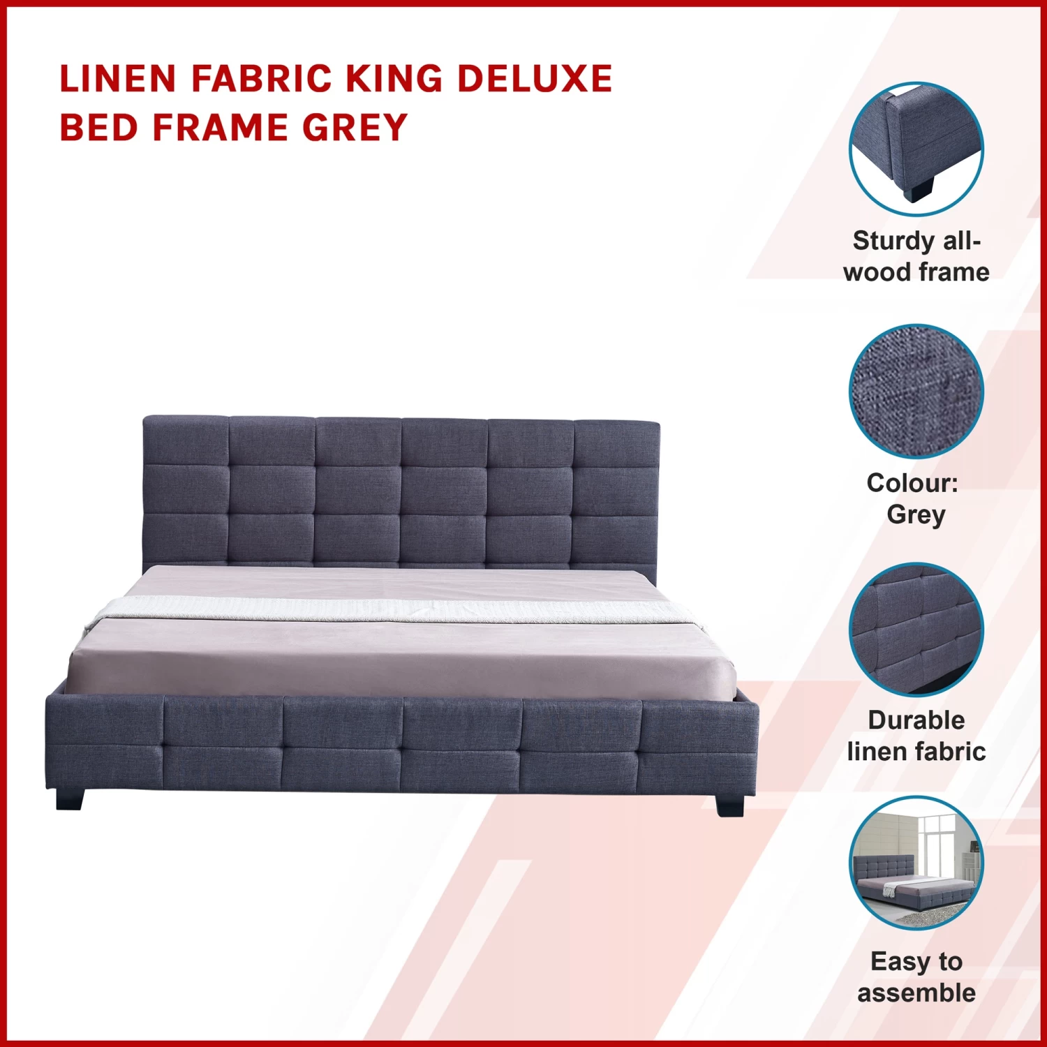 Linen Fabric King Deluxe Bed Frame Grey - Image 3