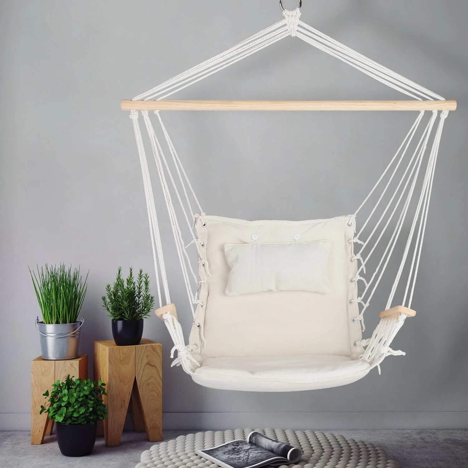 Gardeon Hammock Chair Swing Outdoor With Armrest Portable Cream - Image 7
