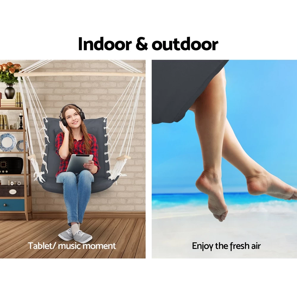 Gardeon Hammock Chair Swing Outdoor With Armrest Grey - Image 4