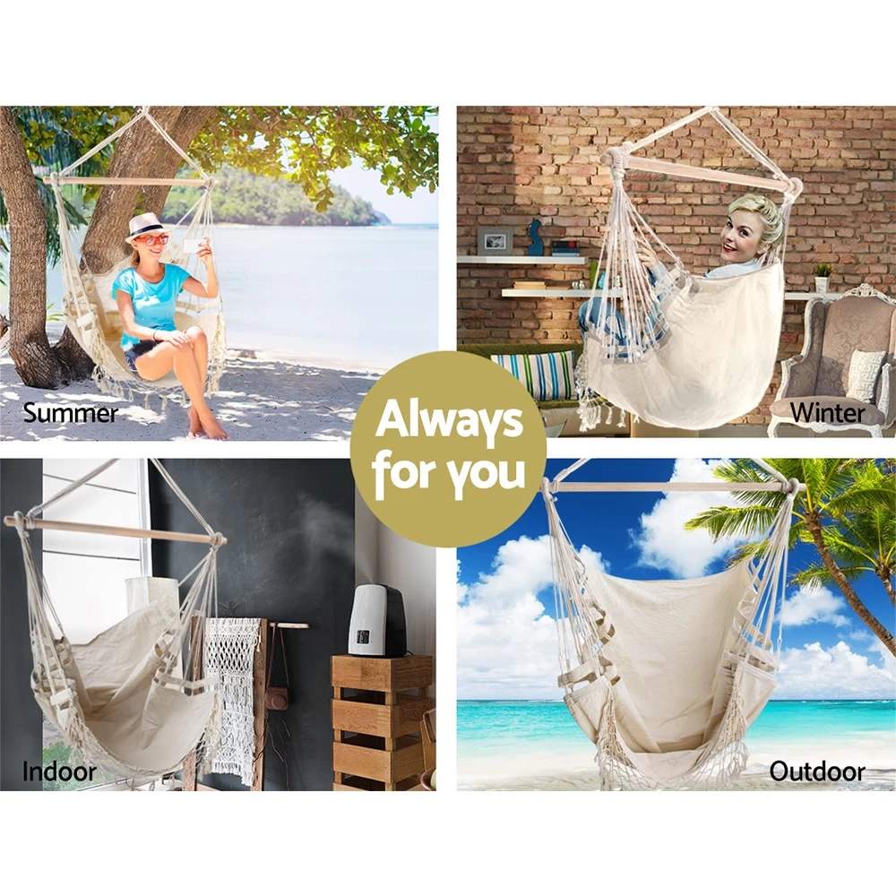 Gardeon Portable Hammock Chair Swing Outdoor Furniture Tassel Cream - Image 3
