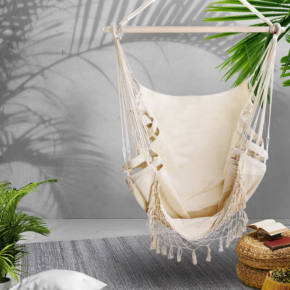 Gardeon Portable Hammock Chair Swing Outdoor Furniture Tassel Cream - Image 7