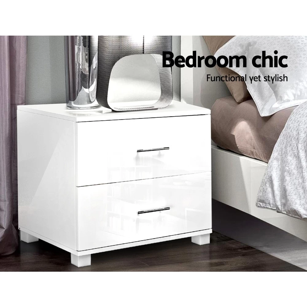 Artiss Bedside Tables 2 Drawers High Gloss Side Table Nightstand White - Image 6