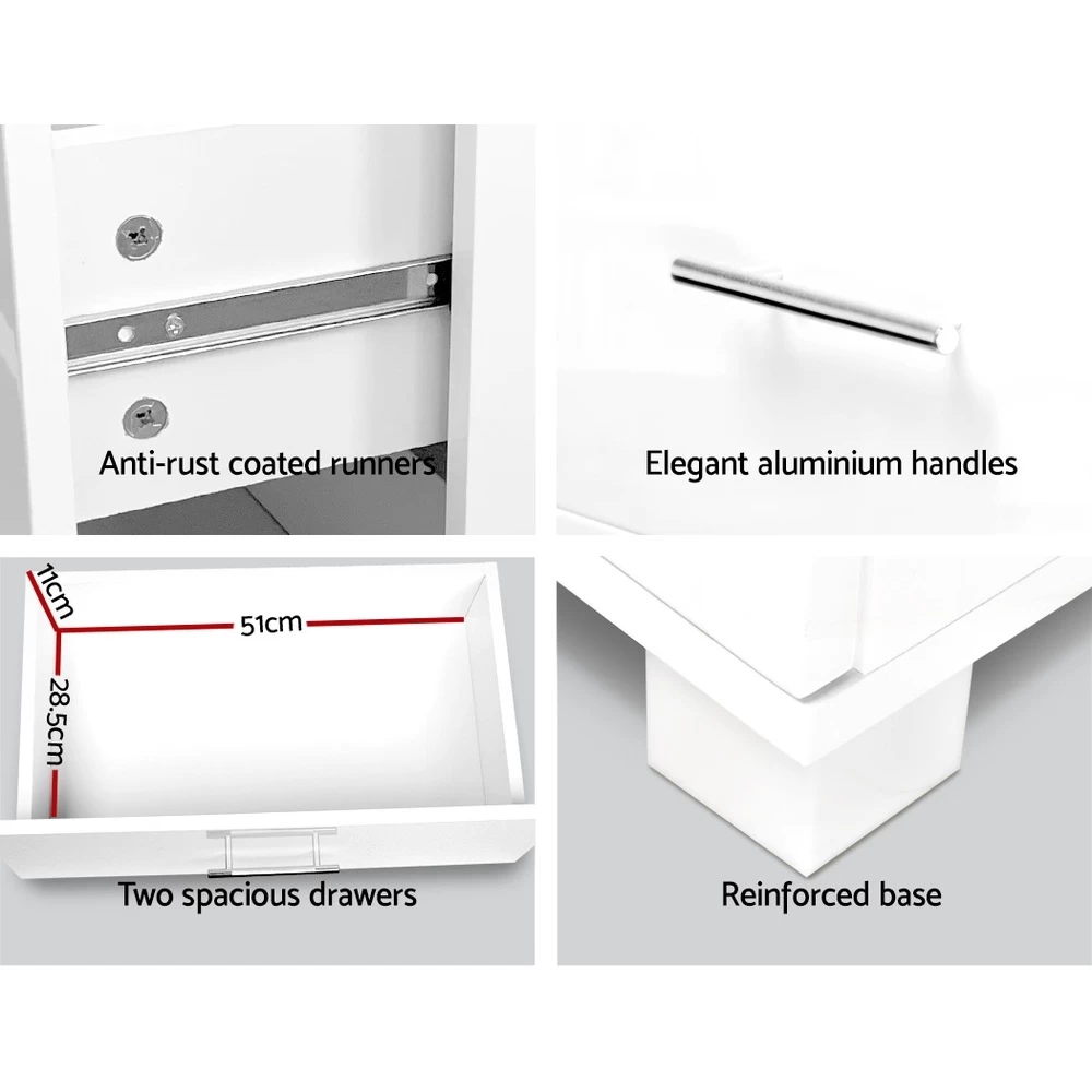 Artiss Bedside Tables 2 Drawers High Gloss Side Table Nightstand White - Image 7