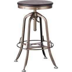Industrial Adjustable Iron And Wood Bar Stool Brass